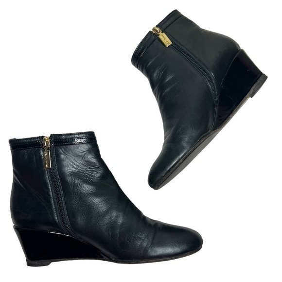 Bruno Magli Leather Wedge Ankle Booties Black with Patent Leather Trim Size EU37 - Picture 8 of 14